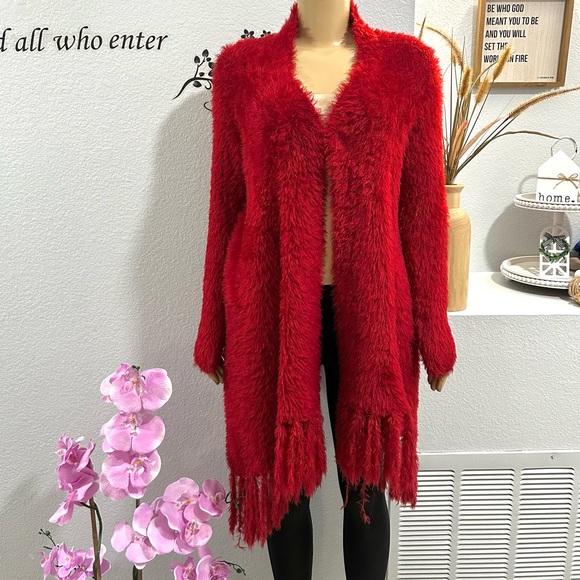 Maaz Sweaters - VTG One Size Red Shawl Knitted Tasseled Turkish Hi Low Sweater Cardigan Maaz